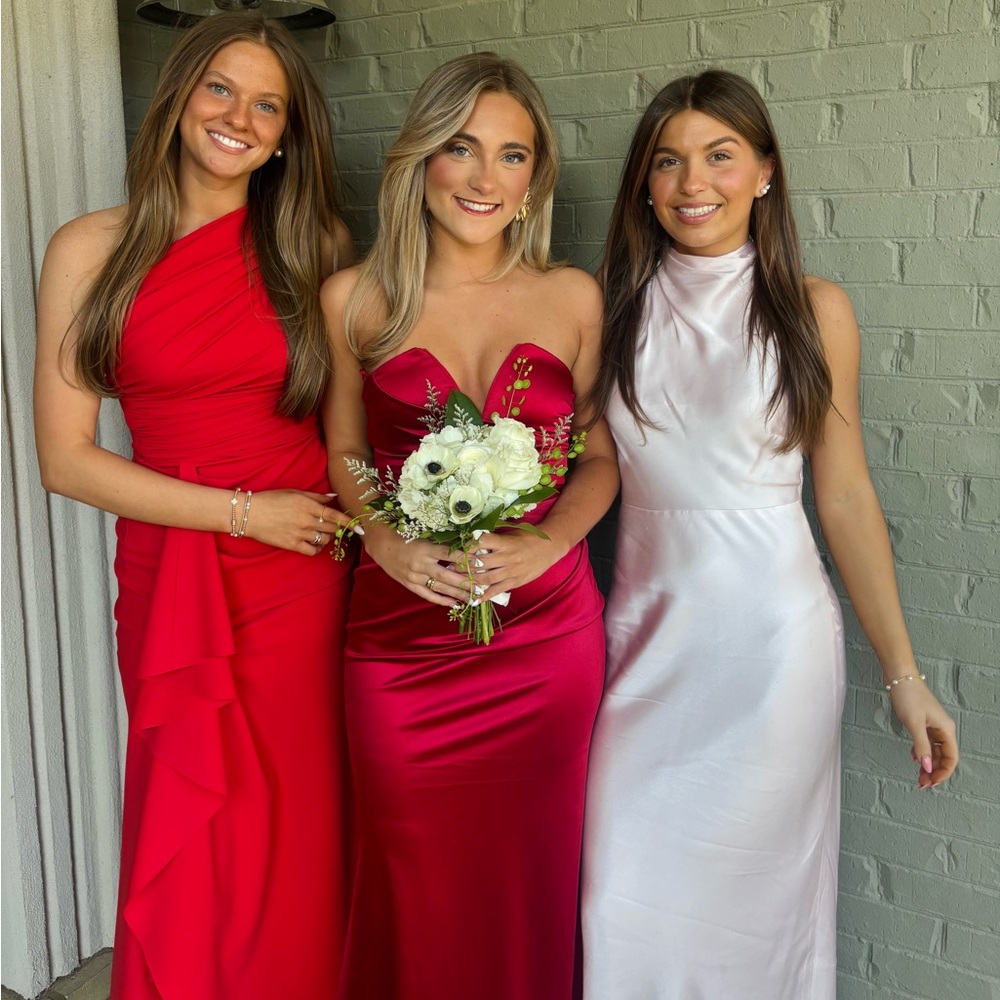 Red silk strapless dress